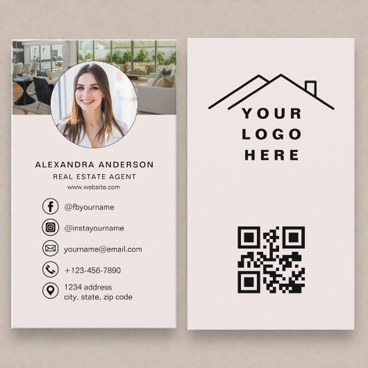 Blush Pink QR Code Real Estate Agent Photo Logo 名刺