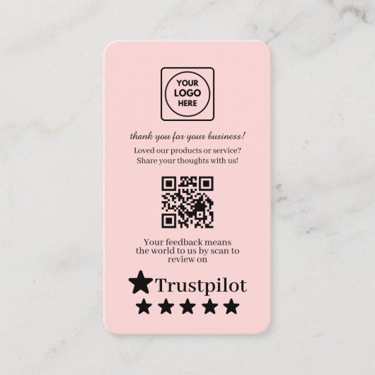 Blush Pink QR | Trustpilot レビューカスタムフィードバック 名刺 (正面)