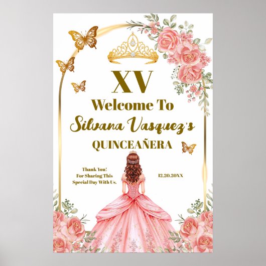 Blush Pink Quinceanera Welcome Template ポスター (正面)