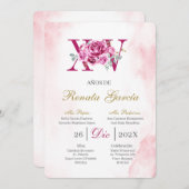 Blush pink quinceañera with pink rose 招待状 (正面/裏面)
