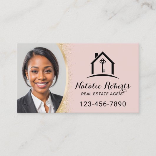 Blush Pink Real Estate Agent Modern Gold Photo 名刺 (正面)