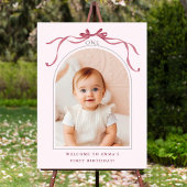 Blush Pink Red Bow 1st Birthday Photo Welcome ポスター
