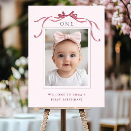 Blush Pink Red Bow Girl 1st Birthday Welcome ポスター
