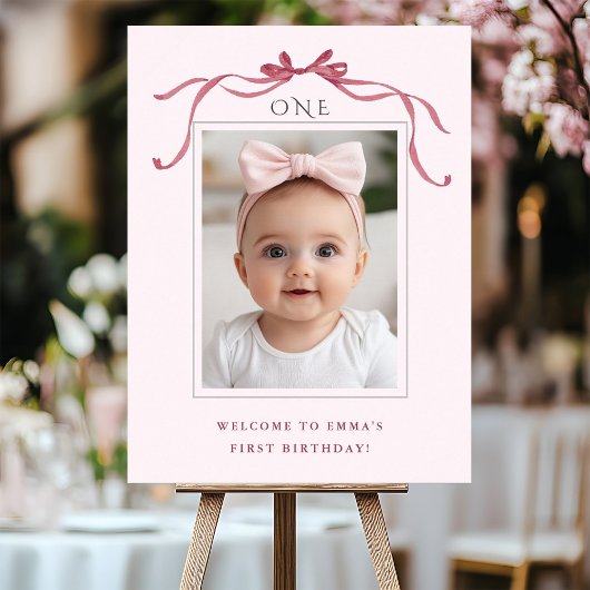 Blush Pink Red Bow Girl 1st Birthday Welcome ポスター