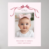 Blush Pink Red Bow Girl 1st Birthday Welcome ポスター (正面)