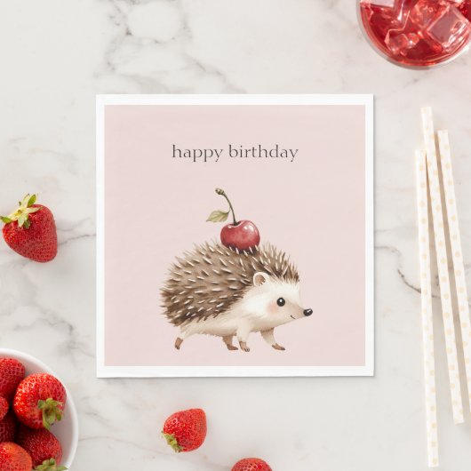 Blush Pink Red Cherry Adorable Hedgehog Birthday スタンダードランチョンナプキン (インサイチュ)