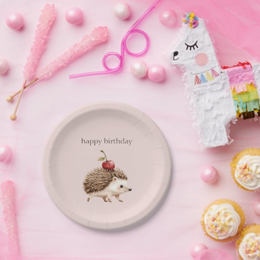 Blush Pink Red Cherry Adorable Hedgehog Birthday ペーパープレート (パーティー)