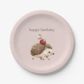 Blush Pink Red Cherry Adorable Hedgehog Birthday ペーパープレート (正面)