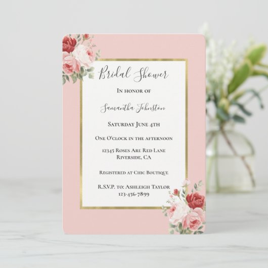 Blush Pink Red Roses Floral Bridal Shower 招待状 (スタンド正面)