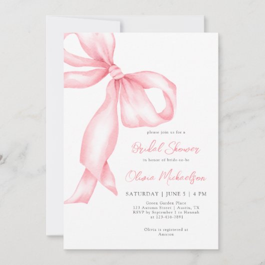 Blush Pink Ribbon Bow Coquette Bridal Shower 招待状 (正面)