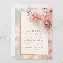 Blush Pink Romantic Sakura Gold Frame Wedding 招待状