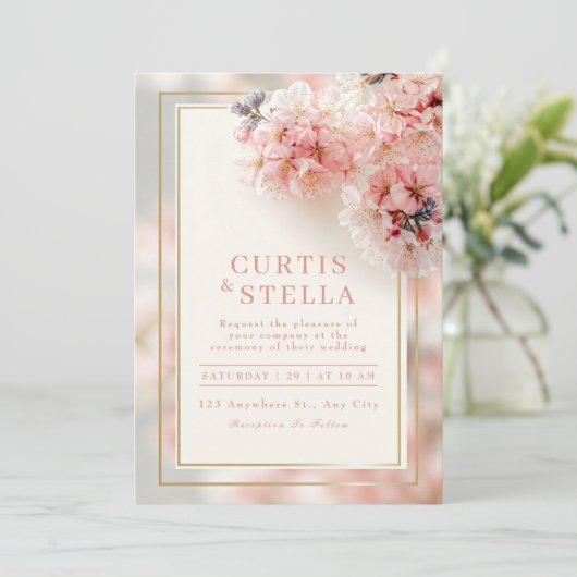 Blush Pink Romantic Sakura Gold Frame Wedding 招待状 (スタンド正面)