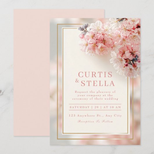 Blush Pink Romantic Sakura Gold Frame Wedding 招待状 (正面/裏面)