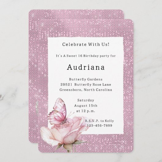 Blush Pink Rose Butterfly Sparkle Birthday 招待状 (正面/裏面)