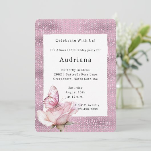 Blush Pink Rose Butterfly Sparkle Birthday 招待状 (スタンド正面)