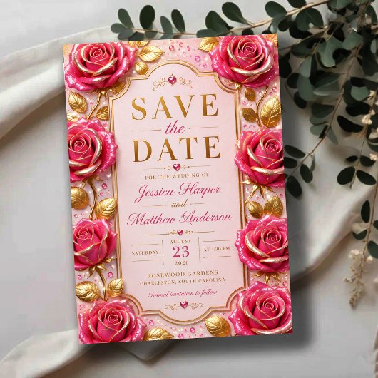 Blush Pink Rose Elegant Gold Floral セーブザデート