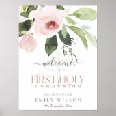 BLUSH PINK ROSE FLORA FIRST HOLY COMMUNION WELCOME ポスター (正面)