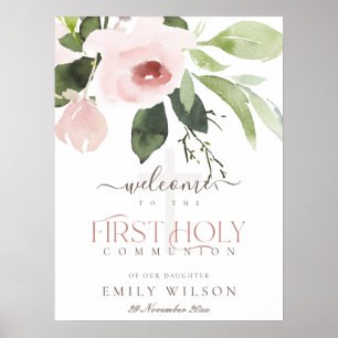BLUSH PINK ROSE FLORA FIRST HOLY COMMUNION WELCOME ポスター