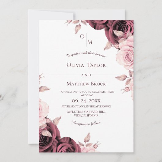 Blush Pink Rose Floral Classic Wedding  招待状 (正面)