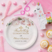 Blush Pink Rose Floral First Holy Communion ペーパープレート (パーティー)