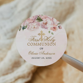 Blush Pink Rose Floral First Holy Communion ラウンドシール
