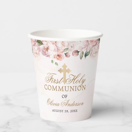 Blush Pink Rose Floral First Holy Communion 紙コップ (正面)