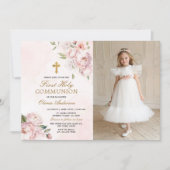 Blush Pink Rose Floral First Holy Communion Photo 招待状 (正面)