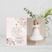 Blush Pink Rose Floral First Holy Communion Photo 招待状 (スタンド正面)