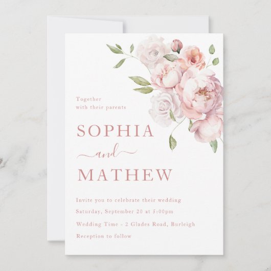 Blush Pink Rose Floral Wedding 招待状 (正面)