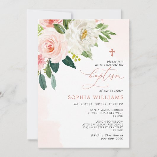 Blush Pink Rose Flowers Baptism Invitation 招待状 (正面)