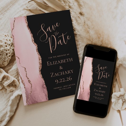 Blush Pink Rose Gold Agate Save the Date Card セーブザデート