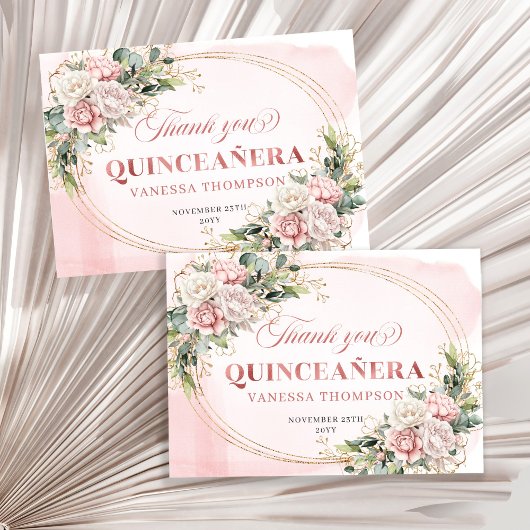 Blush Pink Rose Gold Boho Mis Quince Thank You Car サンキューカード