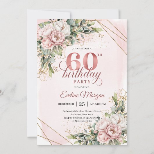 Blush Pink Rose Gold Floral 60th Birthday Invites 招待状 (正面)