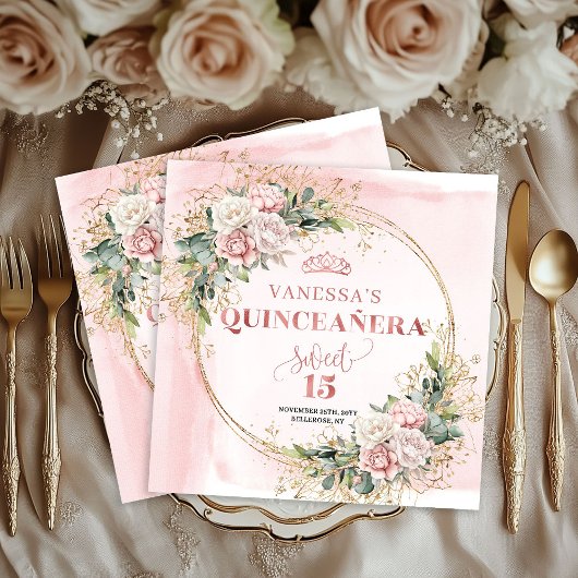 Blush Pink Rose Gold Flowers Mis Quince Napkins スタンダードカクテルナプキン