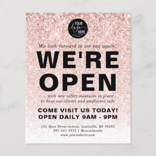 Blush Pink Rose Gold Glitter Logo Brand We're Open チラシ