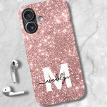 Blush Pink Rose Gold Glitter Name Monogram iPhone 16ケース<br><div class="desc">Personalized Rose Gold Blush Pink Faux Glitter Sparkle Initial Monogram Phone Case. Add a touch of elegance and glamour to your phone with this stylish personalized phone case. Featuring a soft blush pink faux glitter sparkle background, a crisp white initial letter, and a sleek black script name, this design brings...</div>
