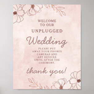 Blush Pink Rose Gold Unplugged Wedding Table Sign ポスター