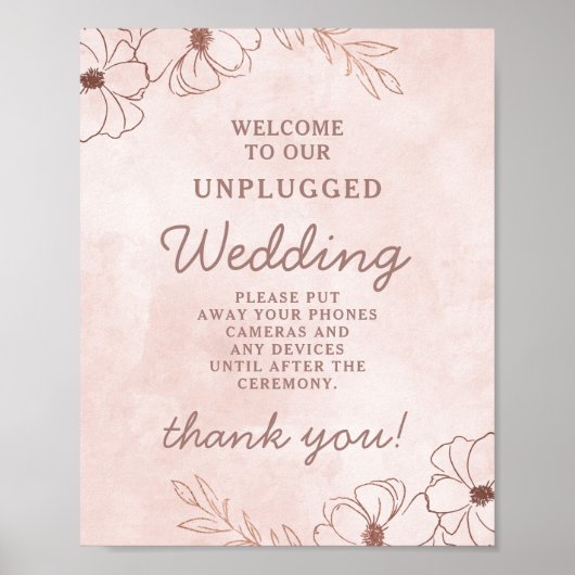 Blush Pink Rose Gold Unplugged Wedding Table Sign ポスター (正面)