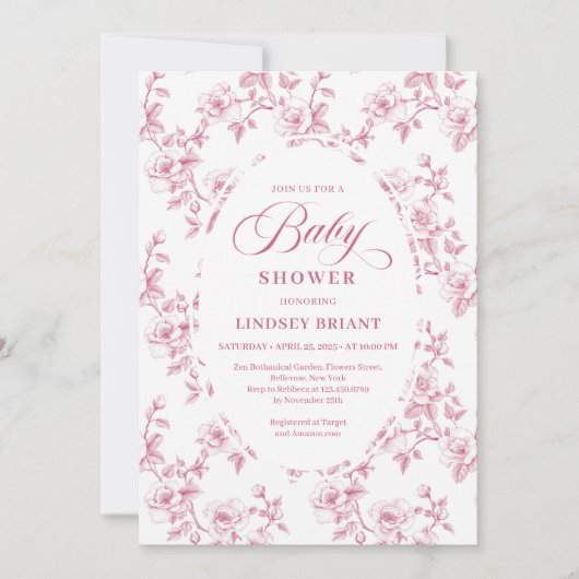 Blush Pink Rose Pattern French Toile Baby Shower  招待状 (正面)