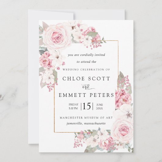 Blush Pink Rose Rustic Floral Wedding 招待状 (正面)