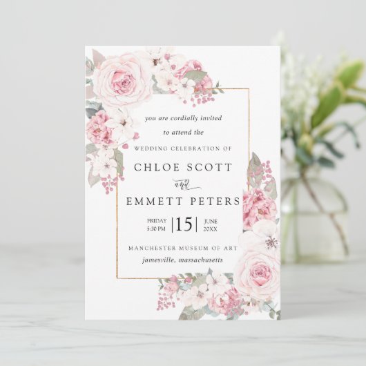 Blush Pink Rose Rustic Floral Wedding 招待状 (スタンド正面)