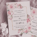 Blush Pink Rose Rustic Floral Wedding 招待状<br><div class="desc">Soft blush pink roses and peonies along with gardenias and cherry blossoms decorate an elegant gold frame. Delicate sage green leaves add to the watercolor floral arrangement. Dark pink berries give it its Boho flair.This pink floral wedding invitation is part of the Blush Pink Rose and Peony collection. It contains...</div>