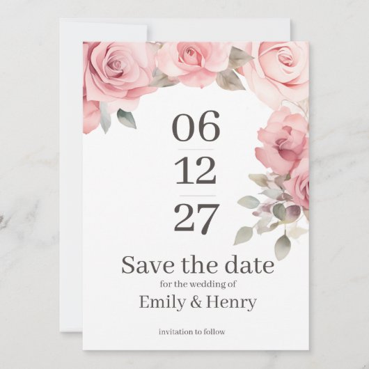 Blush Pink Rose Save the Date Card セーブザデート (正面)