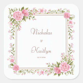 Blush Pink Rose Watercolor Gold Frame Wedding スクエアシール