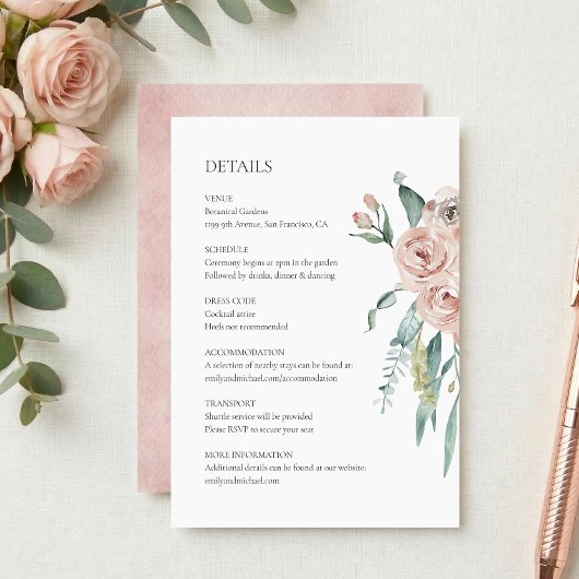 Blush Pink Rose Wedding Details Enclosure Card エンクロージャーカード