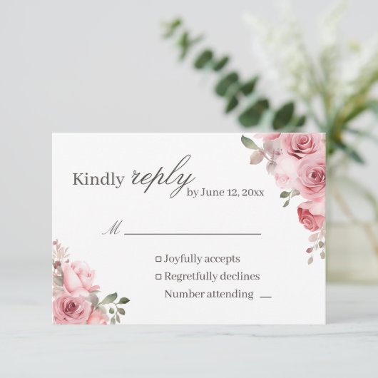 Blush Pink Rose Wedding RSVP Card (スタンド正面)