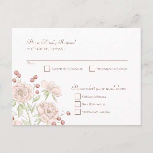 Blush Pink Rose Wedding RSVP Modern Reply シーズンポストカード (正面)