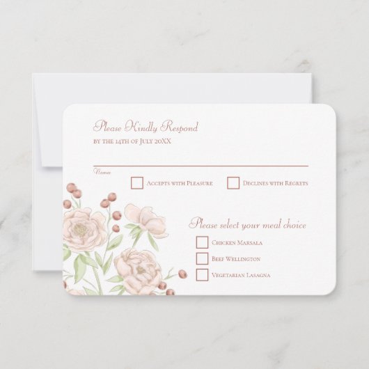 Blush Pink Rose Wedding RSVP Reply Modern 招待状 (正面)