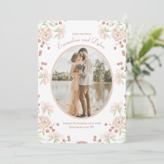 Blush Pink Rose Wedding Save the Date 招待状 (スタンド正面)