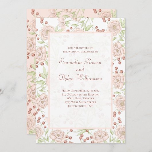 Blush Pink Rose Wedding Vintage 招待状 (正面/裏面)